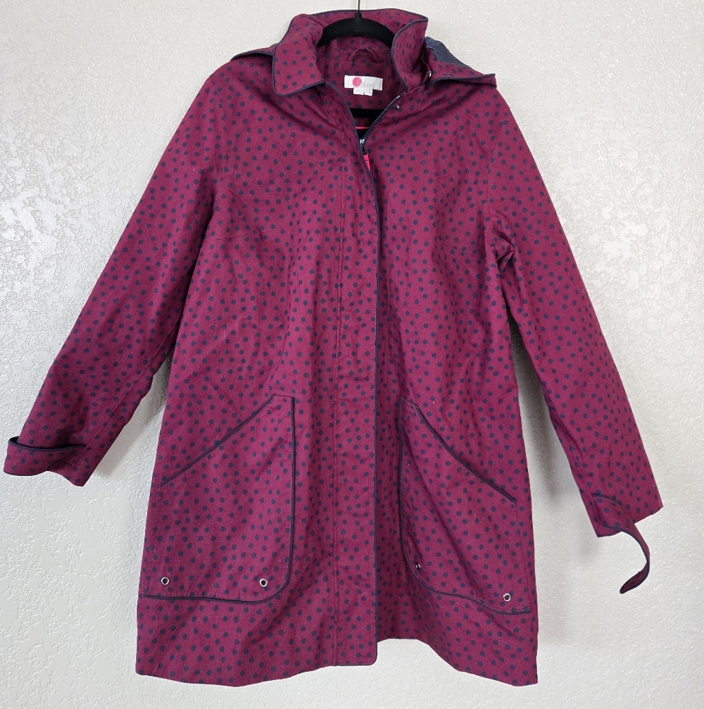 Boden Polka Dot Long Coat Rain Winter Womens 14R Plum Purple Blue Collar Zip